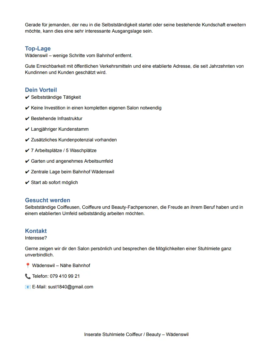 Stuhlmiete Coiffeur & Beauty – Wädenswil