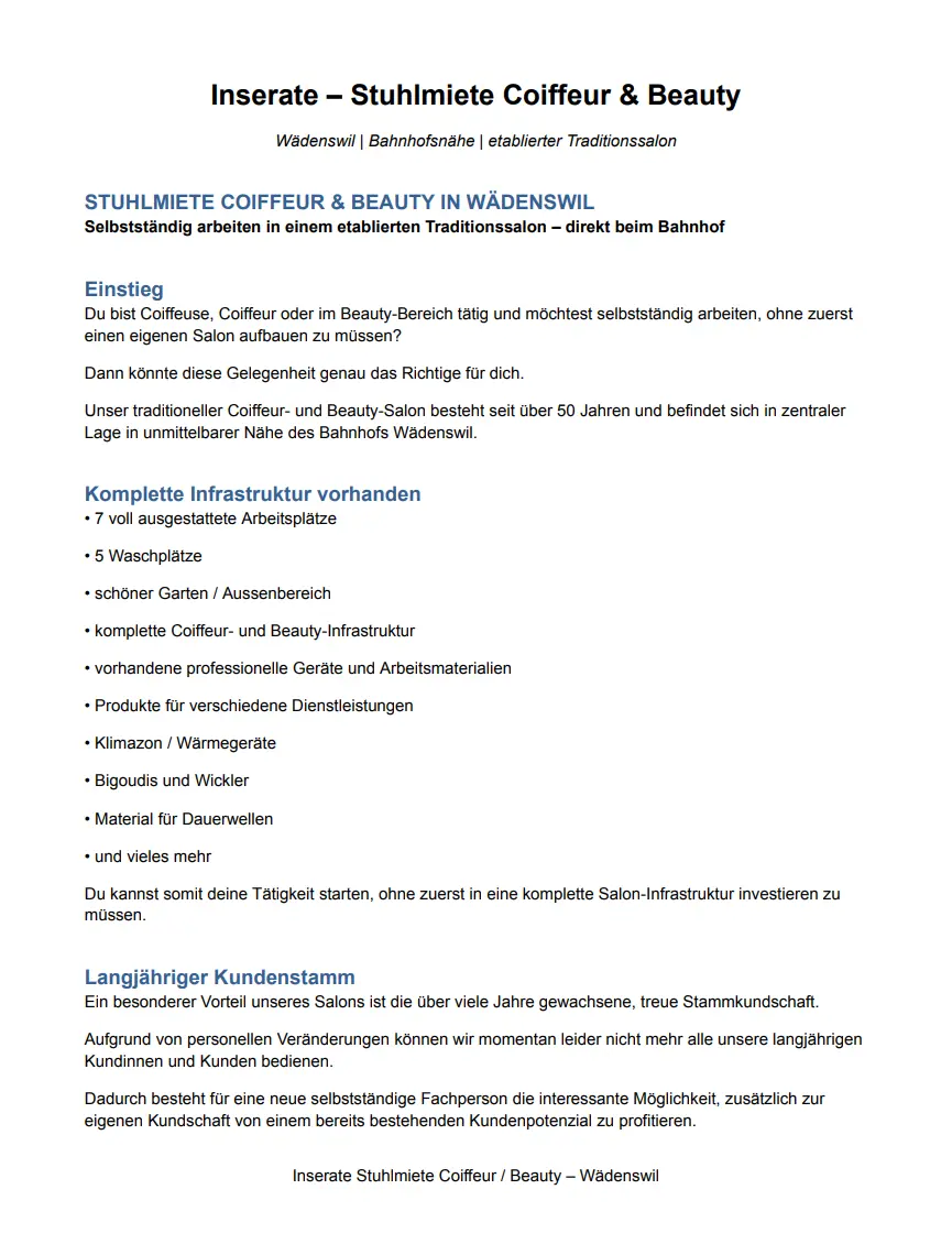 Stuhlmiete Coiffeur & Beauty – Wädenswil